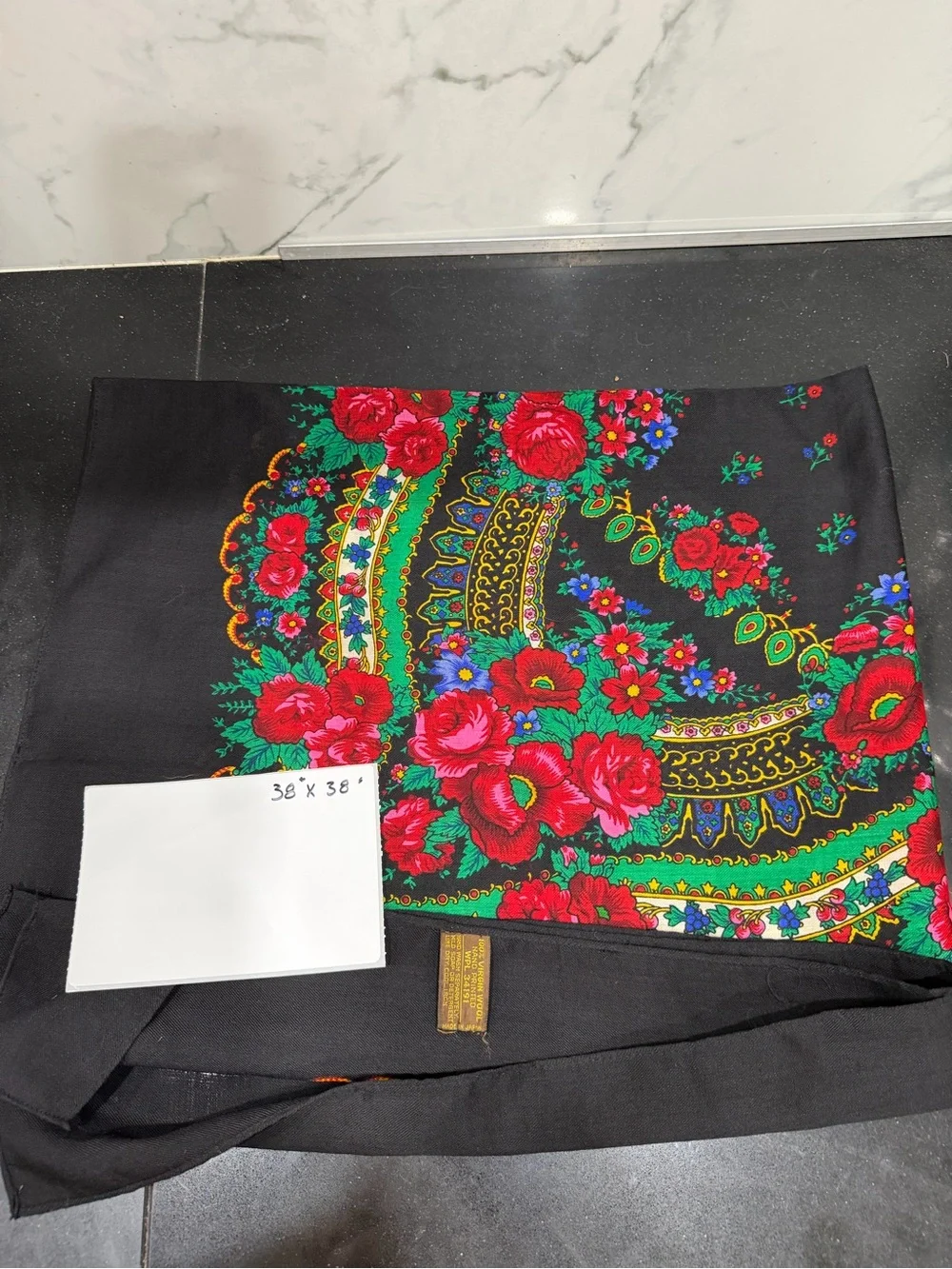 Japanese wool vintage Vibrant Floral Black Scarf with Red & Green Accents
